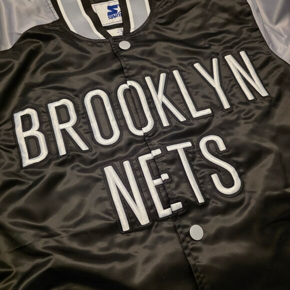 Starter Brooklyn Nets Black Silver Satin Front Snap Varsity Jacket Men's Size L - Picture 2 of 4